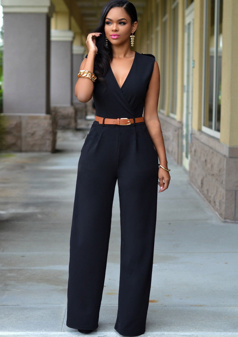 Women Clothing Sexy High Waist V neck Wide Leg Irregular Asymmetric Suit with Belt Jumpsuit