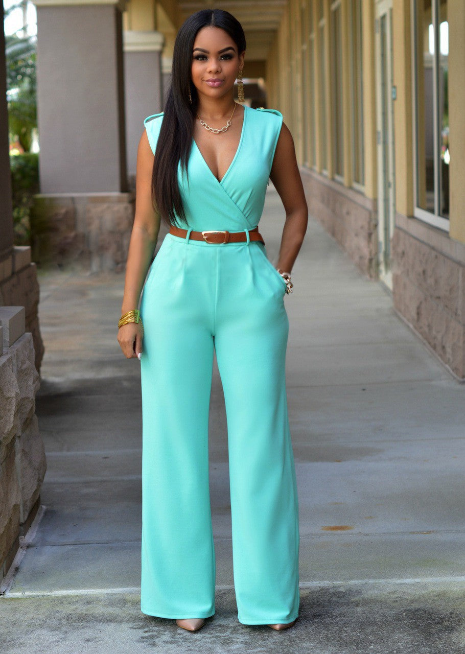 Women Clothing Sexy High Waist V neck Wide Leg Irregular Asymmetric Suit with Belt Jumpsuit