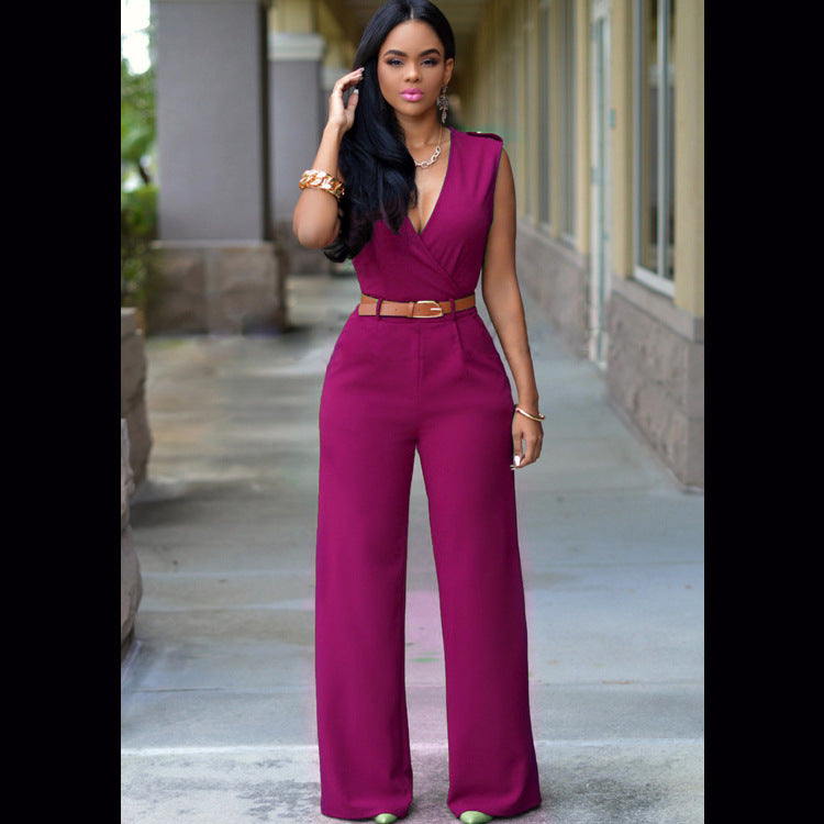 Women Clothing Sexy High Waist V neck Wide Leg Irregular Asymmetric Suit with Belt Jumpsuit