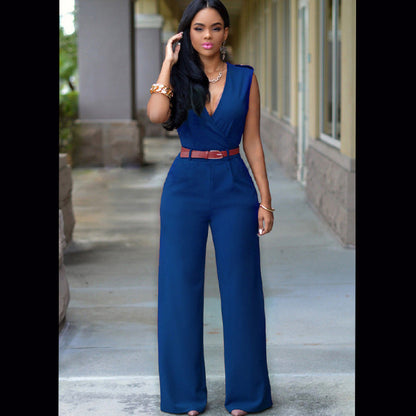 Women Clothing Sexy High Waist V neck Wide Leg Irregular Asymmetric Suit with Belt Jumpsuit