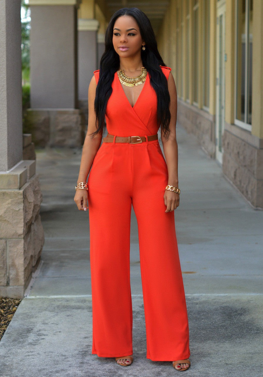 Women Clothing Sexy High Waist V neck Wide Leg Irregular Asymmetric Suit with Belt Jumpsuit