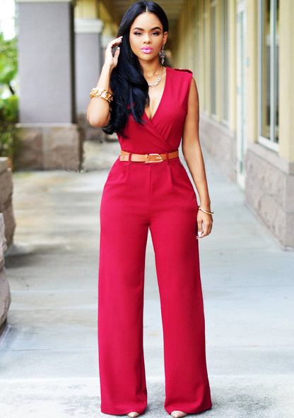 Women Clothing Sexy High Waist V neck Wide Leg Irregular Asymmetric Suit with Belt Jumpsuit
