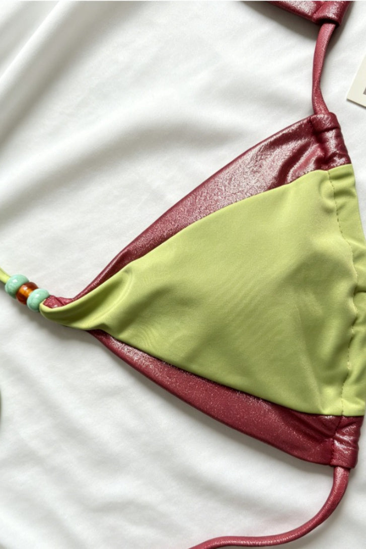 Green Brown Color Block Beaded Halter Bikini Set