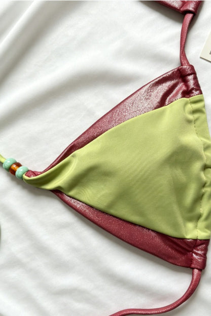 Green Brown Color Block Beaded Halter Bikini Set