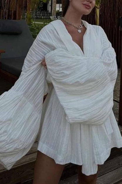Vacation Textured Puff Sleeve Kimono & Shorts Two‑Piece Set
