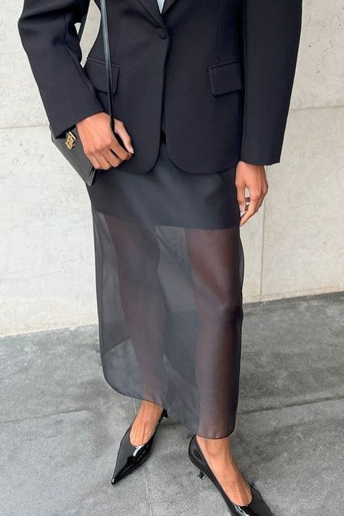 Double Layer Sheer Black High Slit Bodycon Skirt