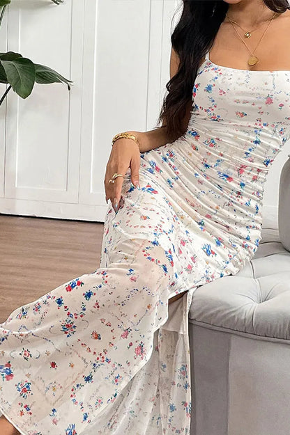 Floral Ruched Square Neck Spaghetti Strap High Split Bodycon Maxi Dress