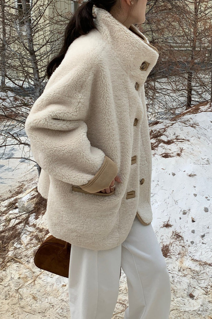 Stand Collar Faux Shearling Cropped Coat