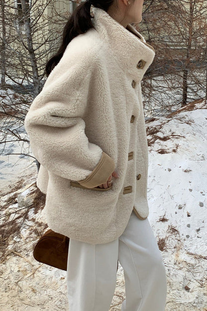 Stand Collar Faux Shearling Cropped Coat