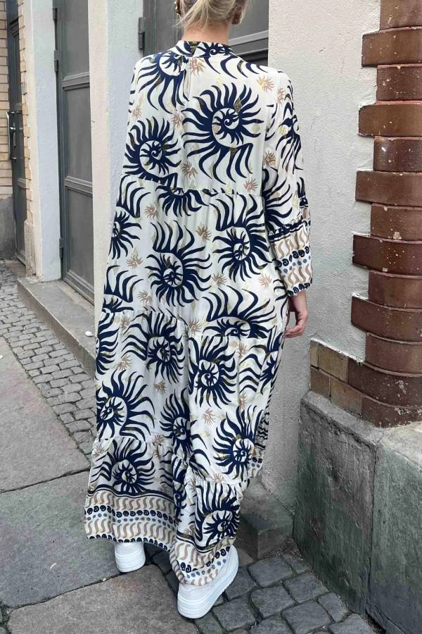Casual Ethnic Print Trumpet Sleeve Maxi Dress