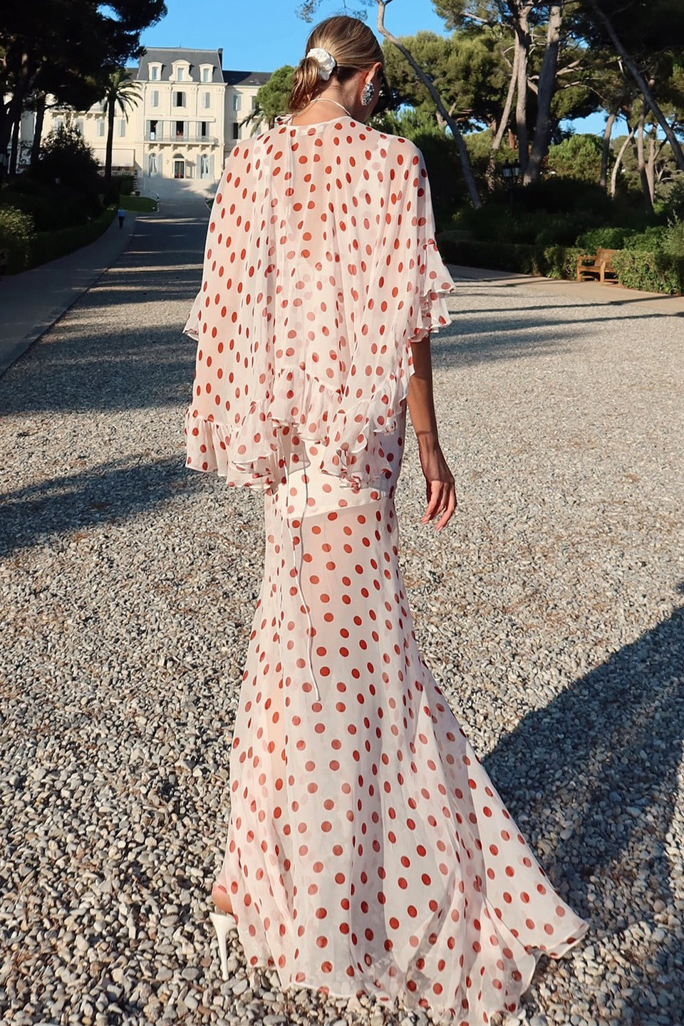 Polka Dot Deep V-Neck Sheer Cape Sleeve Maxi Dress