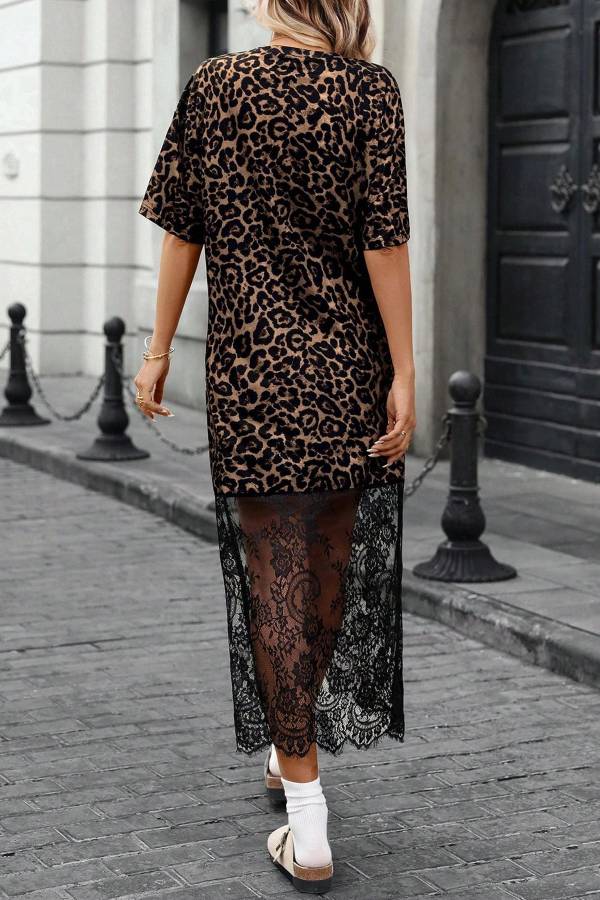 Leopard Print / Polka Dot Patchwork Lace Hem T-Shirt Dress