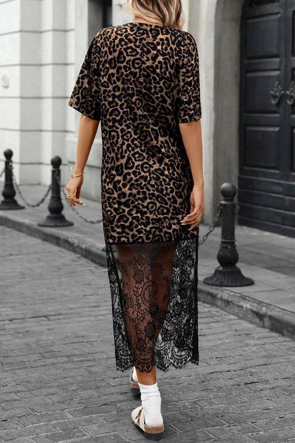 Leopard Print / Polka Dot Patchwork Lace Hem T-Shirt Dress