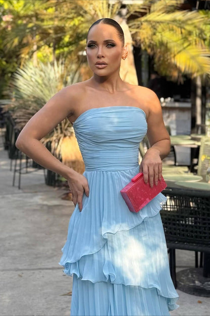 Solid Ruched Tiered Strapless Slim Fit Elegant Prom Dress