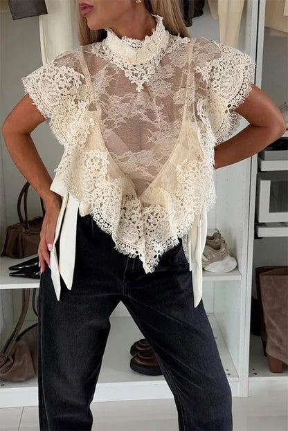 Court Style Stretch Lace High Neck Ruffle Sleeve Side Satin Tie-up Top