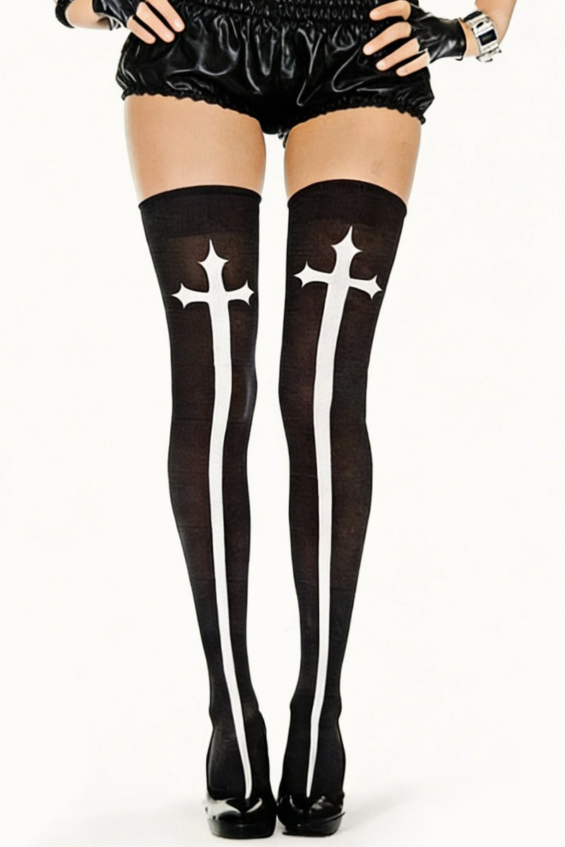 Gothic Cross Black White Thigh-High Stockings