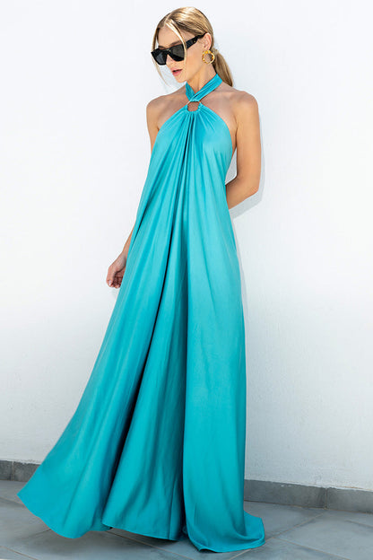 Halter Neck Ring Detail Draped Satin Maxi Dress