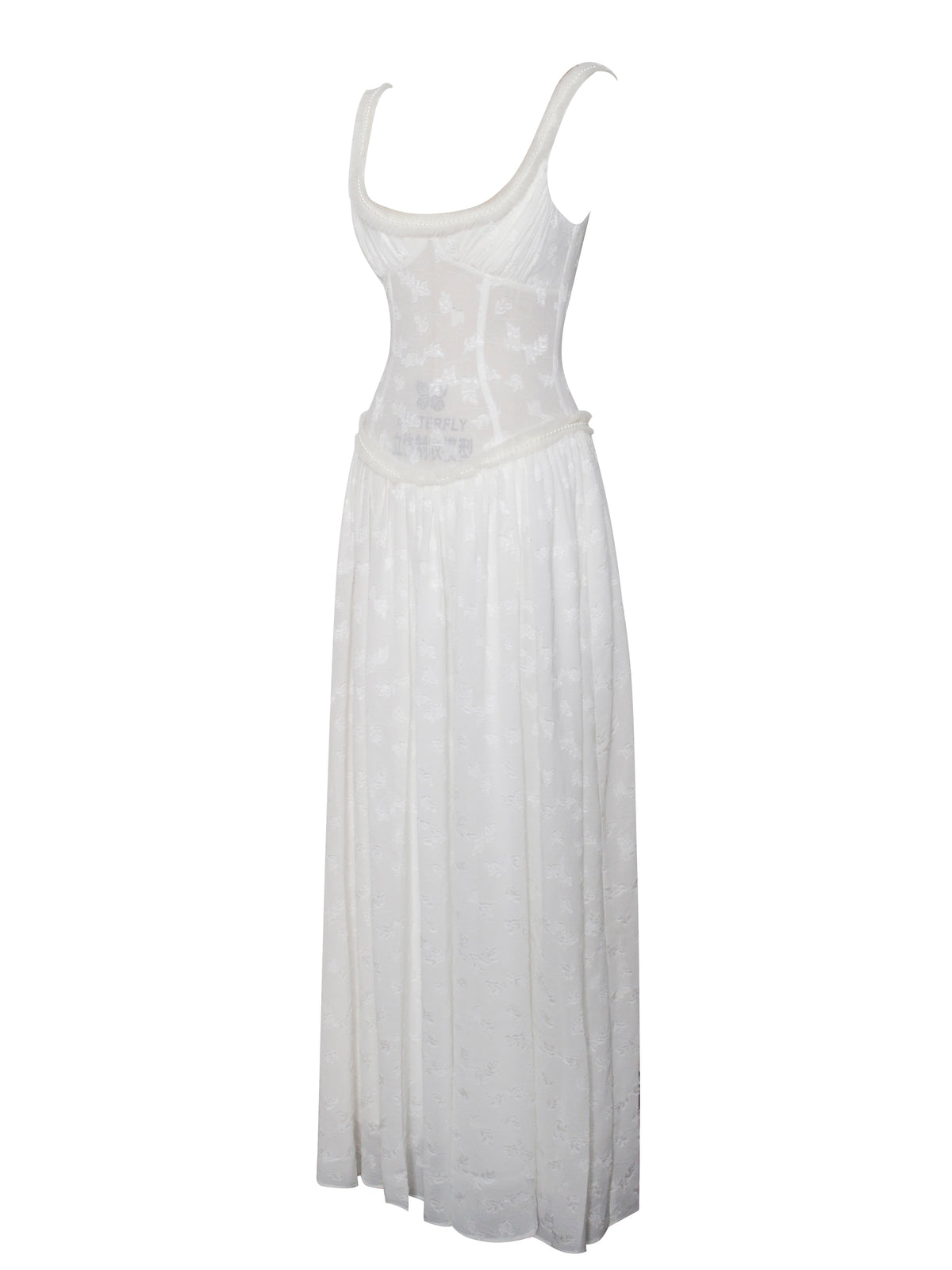 Ulissa White Square Neck Jacquard Trendy Textured High Slit Maxi Dress
