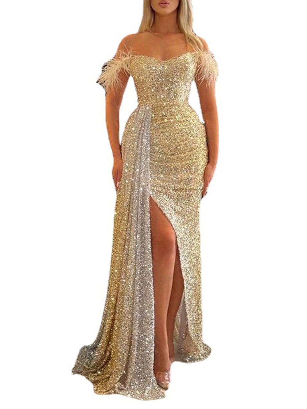Gold Sequin Off Shoulder Feather Strap Drape Panel High Split Maxi Gown