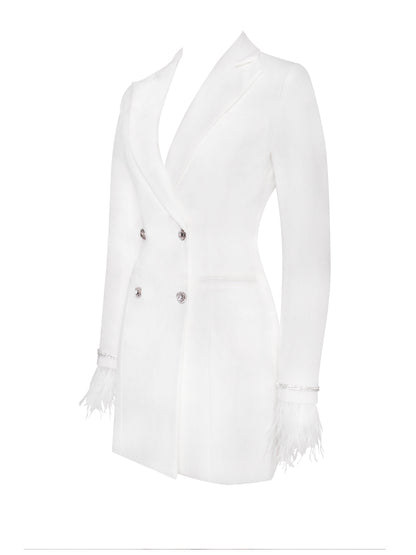 Quilla White Feather Crystal Graceful Sleeve Backless Blazer Dress
