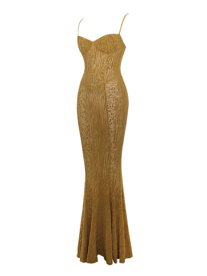 Ulani Gold Burnout Velvet Graceful Detail Mesh Maxi Dress