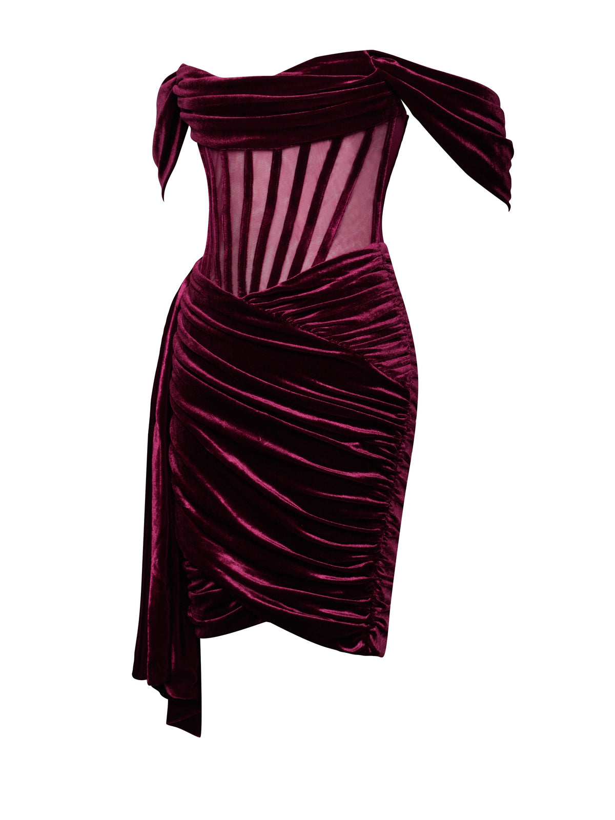 Irisa Burgundy Draping Charming Off Shoulder Corset Dress