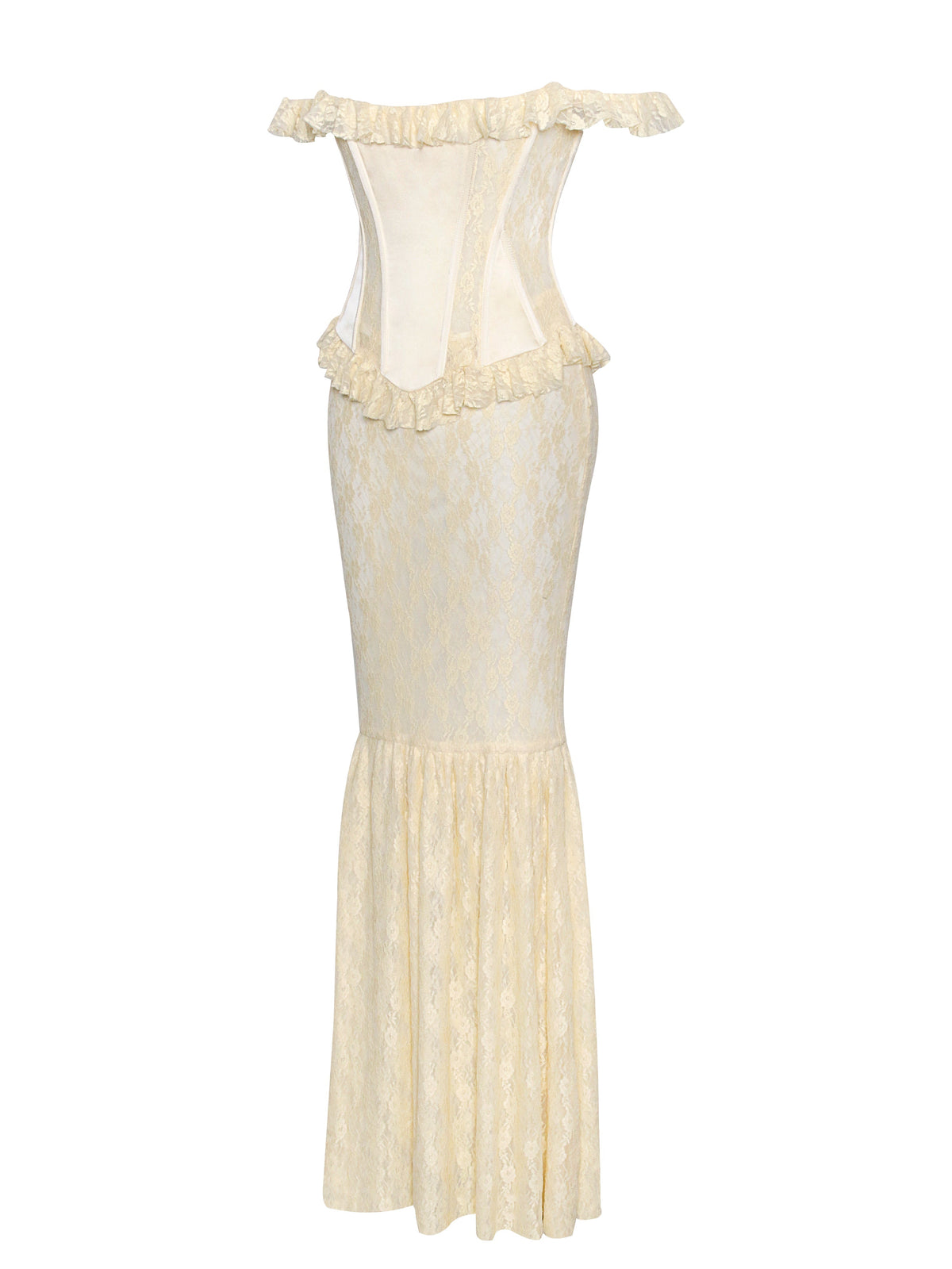 Ersilia Pale Yellow Satin Lace Trendy Peplum Corset Off Shoulder Maxi Dress
