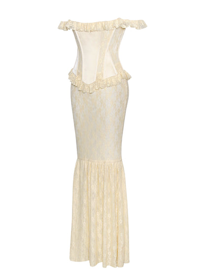 Ersilia Pale Yellow Satin Lace Trendy Peplum Corset Off Shoulder Maxi Dress