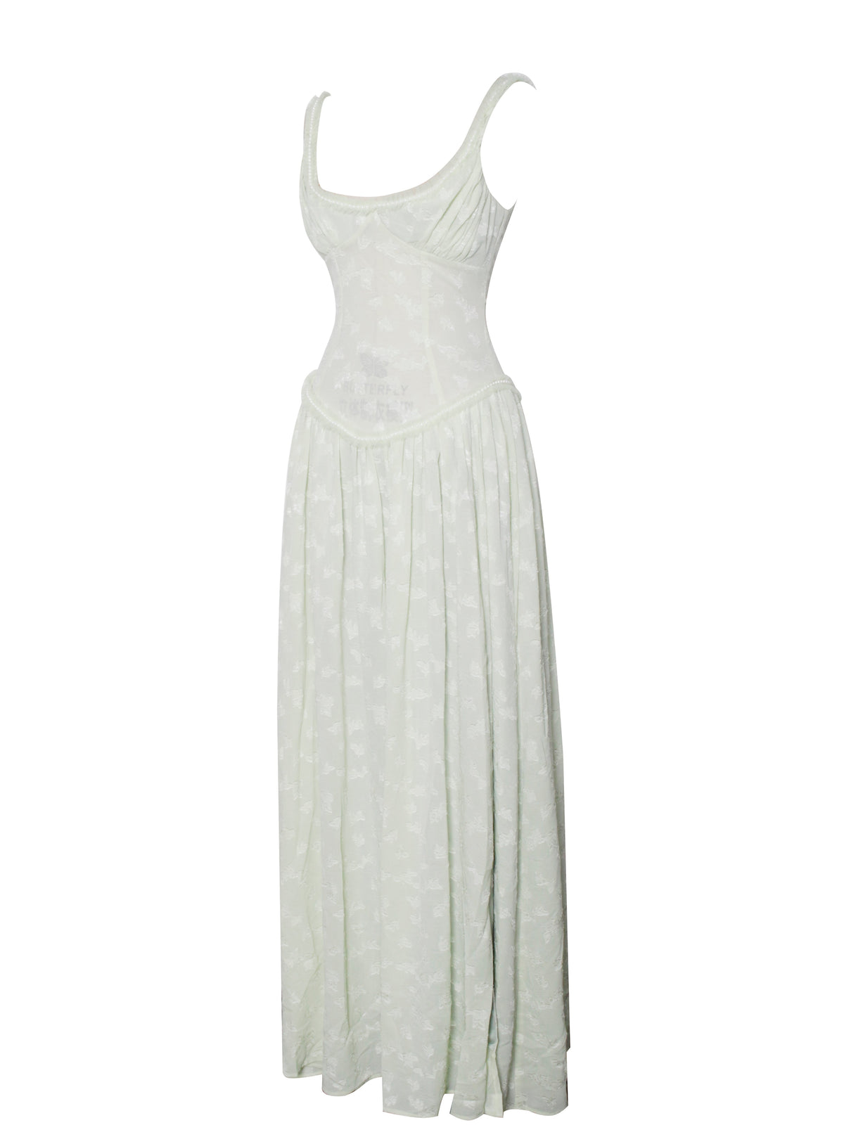 Ulissa Light Green Square Neck Trendy Jacquard Textured High Slit Maxi Dress