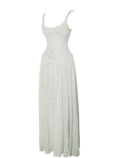 Ulissa Light Green Square Neck Trendy Jacquard Textured High Slit Maxi Dress