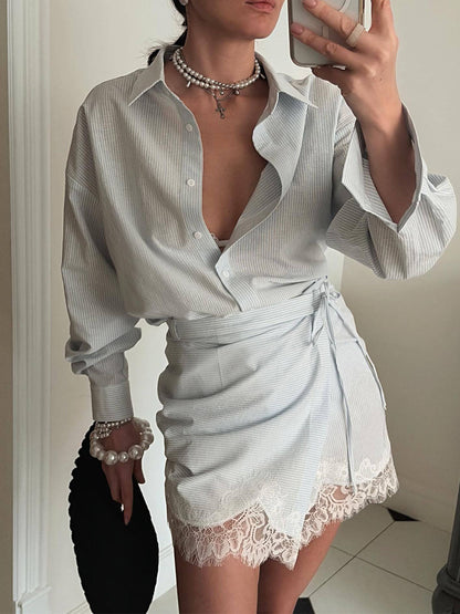 Stripe Lace Shirt & Wrap Skirt Set