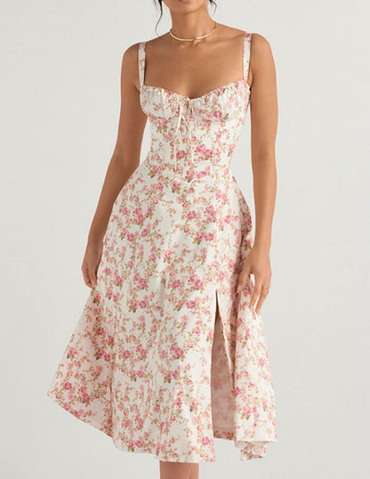 Ditsy Floral Print Sweetheart Corset Front Slit Midi Dress