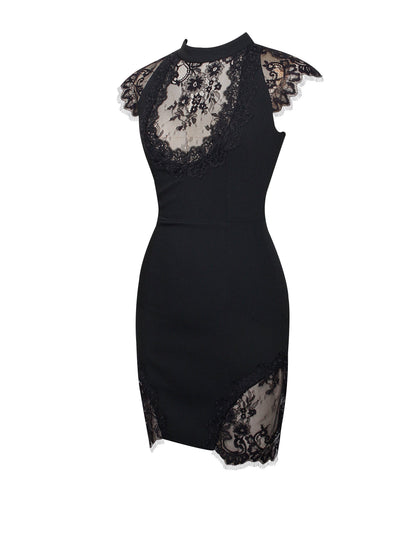 Quinella Black Lace Charming Crepe Backless Mini Dress