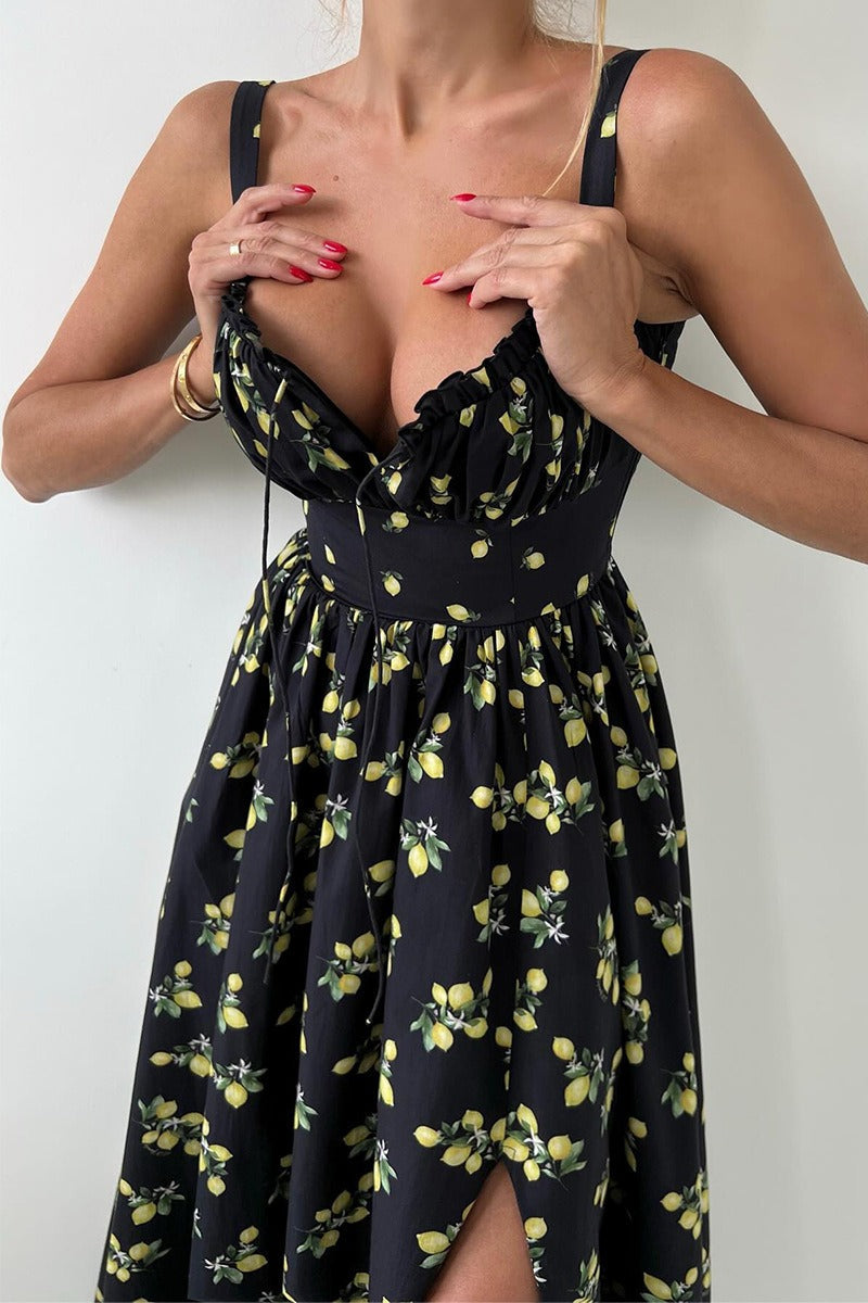 Low Neck Strap High Waist Slit Floral Dress