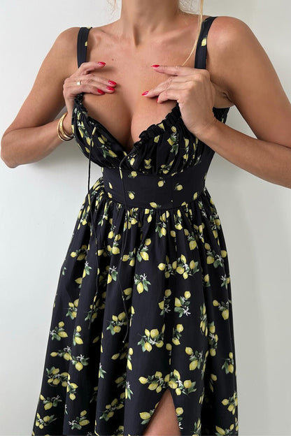 Low Neck Strap High Waist Slit Floral Dress