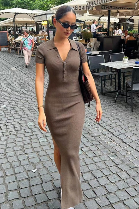 Elegant Lapel Short Sleeve Split Hem Sweater Dress