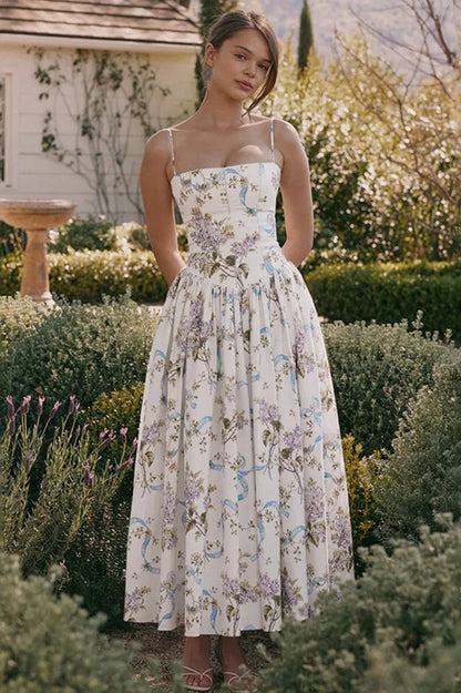 Square Neck Corset Bodice Dropped Waist Floral Ribbon Print Maxi Dress