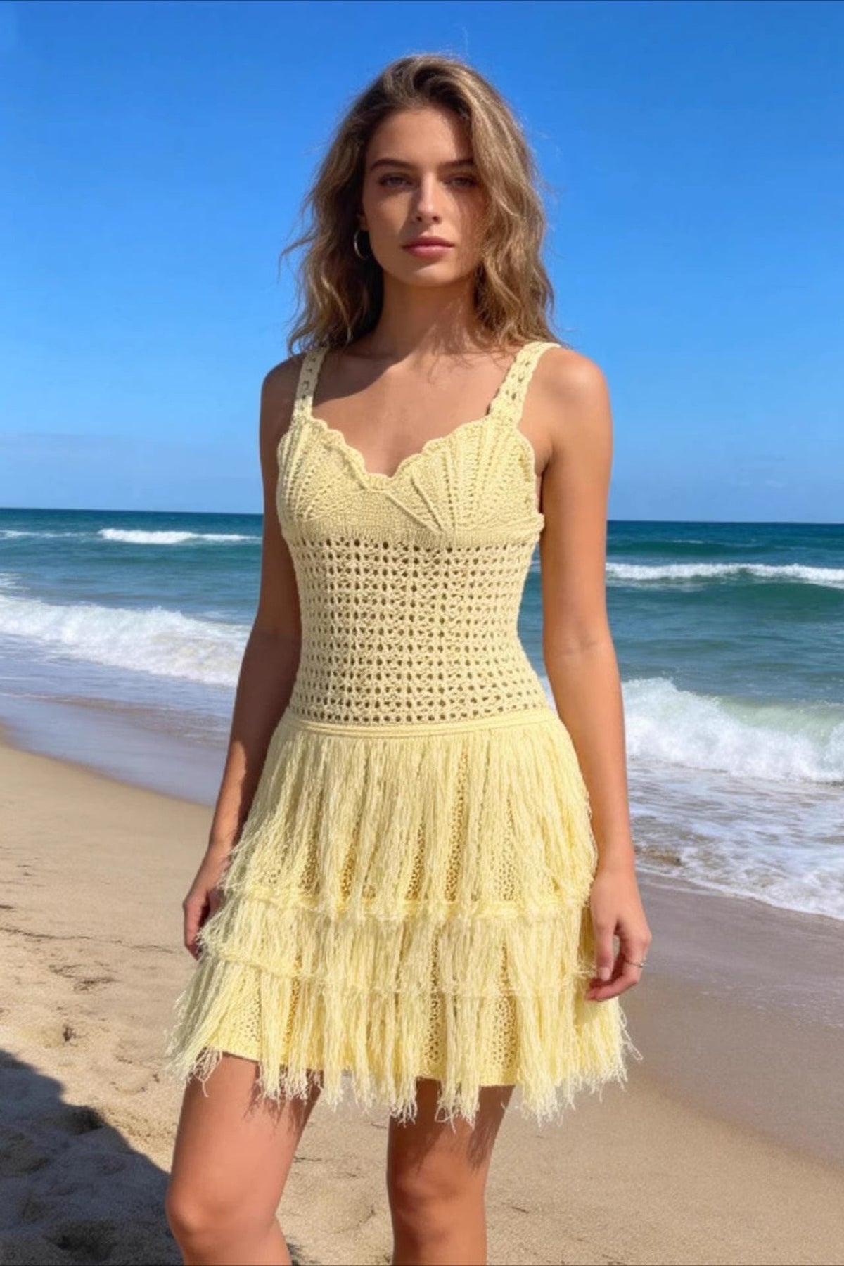 Knit Cutout Fringe Vacation Boho Dress