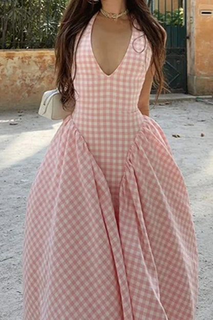 Gingham Halter Deep V-Neck Drop Waist Pleated Maxi Dress