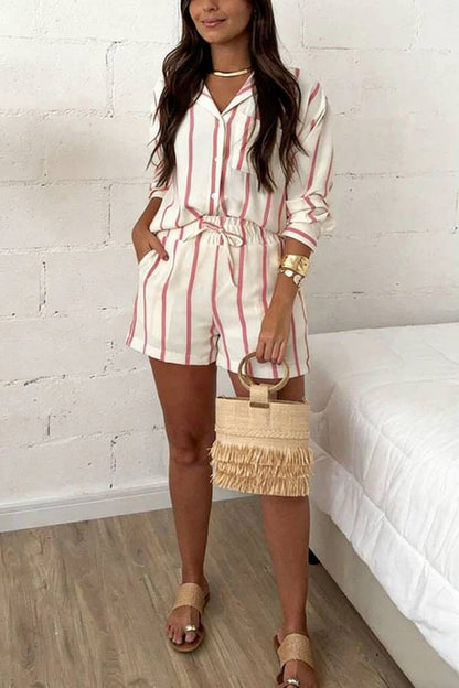 Leisure Time Striped Print Button Long Sleeve Shirt and Elastic Waist Pocket Loose Shorts Set