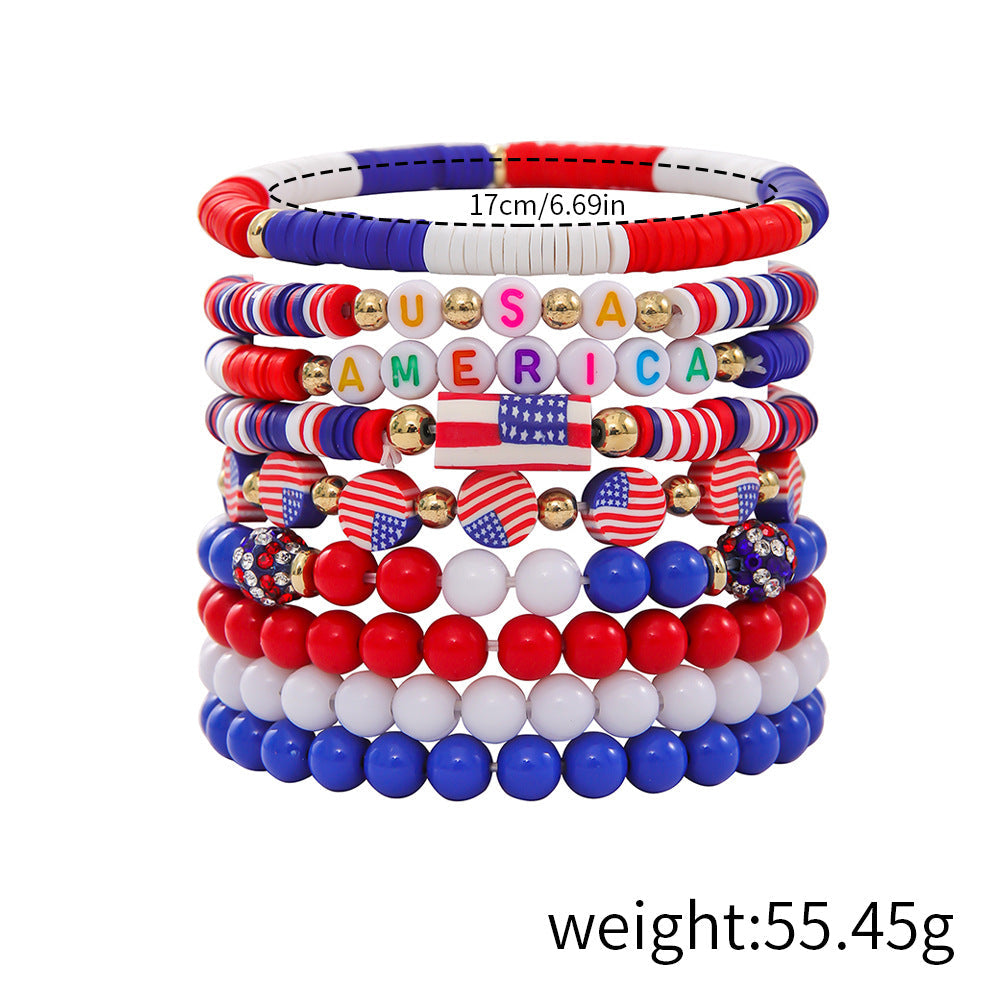 USA Independence Day Red White Blue Flag Polymer Clay Multi-Layer Stackable Bracelet Set