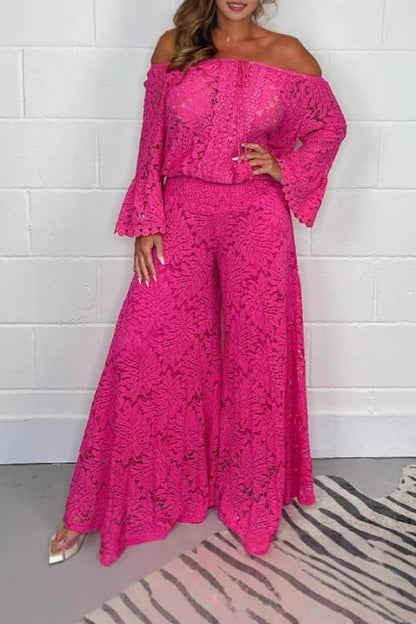 Multi-Color Lace Off-the-Shoulder Flare Sleeve Wide Leg Pants Set