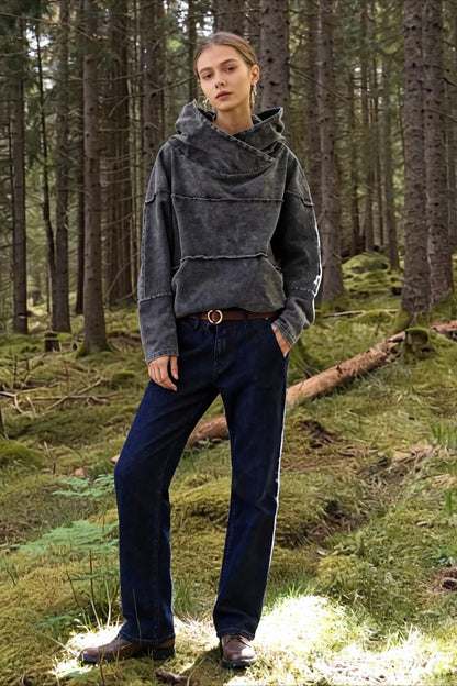 Hooded Effect Color Denim Washed Solid Sweatshirt
