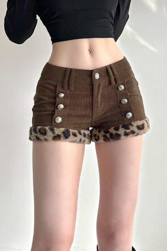Leopard Faux Fur Patchwork Low Rise Corduroy Shorts