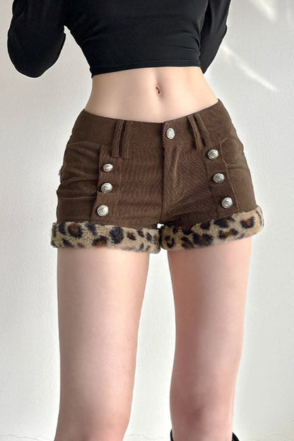 Leopard Faux Fur Patchwork Low Rise Corduroy Shorts