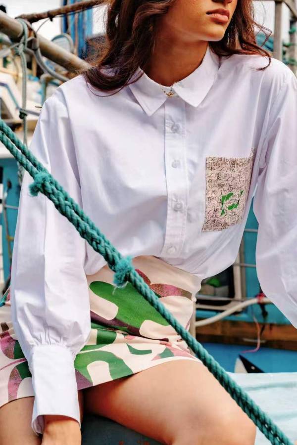 Printed Pocket White Shirt + Abstract Print High-Waisted Skirt Set