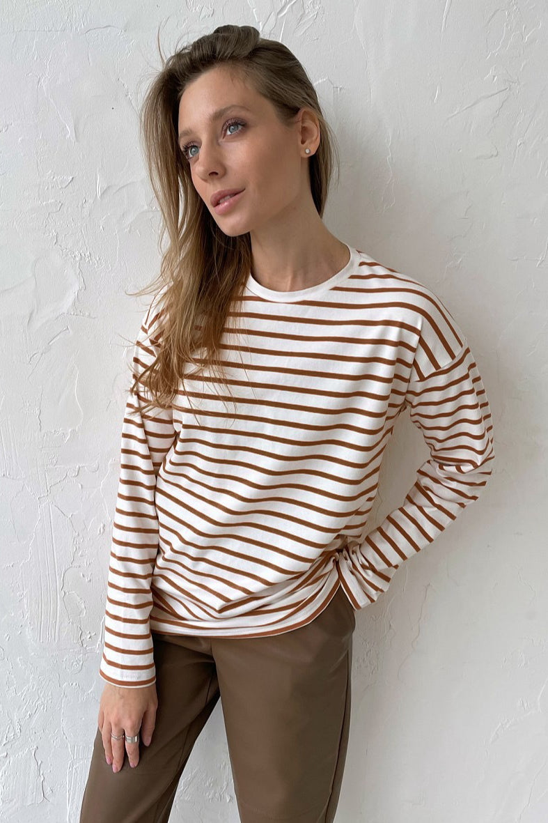 Cotton Striped Crew Neck Long Sleeve Tee