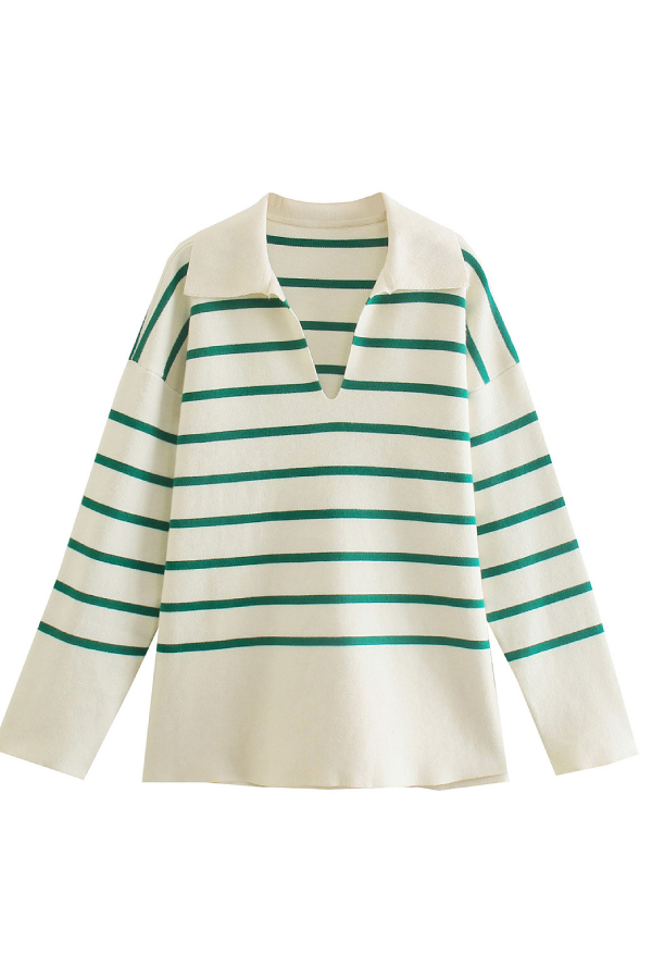 Loose-fitting Striped Sweater with Lapel Collar