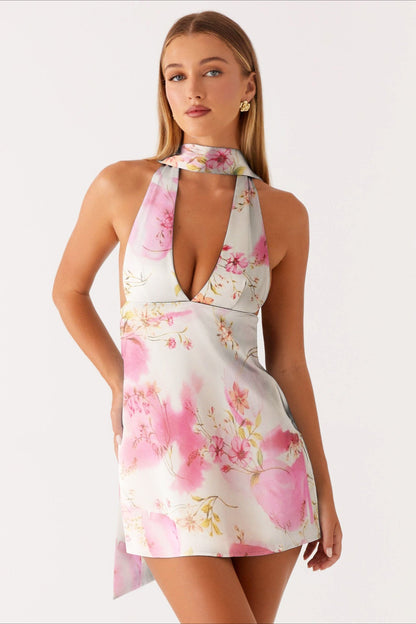 Deep V Neck Backless Tie Detail Mini Floral Dress