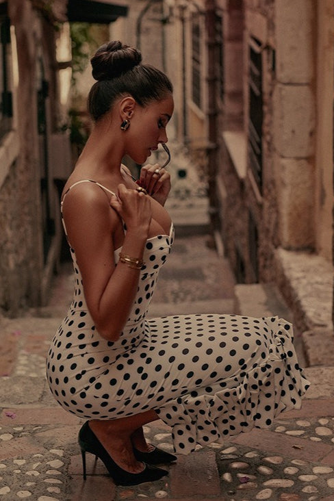 Polka Dot Cami Lace Trim Waist Tie Midi Dress